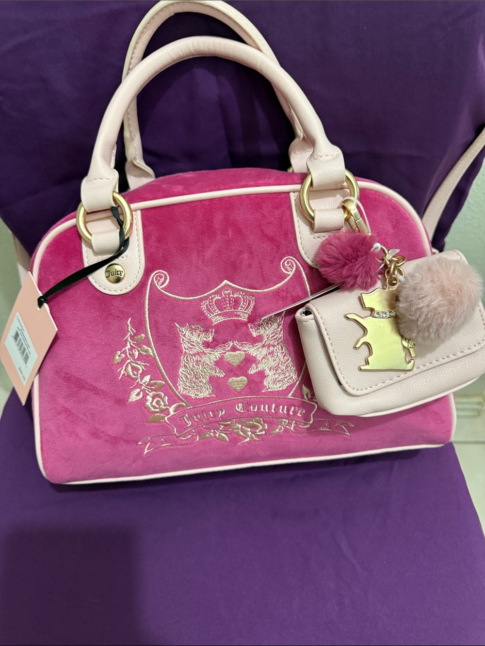 Juicy Couture Fuchsia Velvet Satchel with Pale Pink Trim